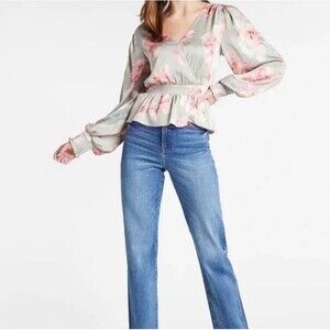 Express Floral Faux Wrap Satin Blouse Bow Back Detail Cottagecore Medium NWT’s